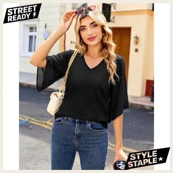 3/4 Sleeve V-Neck Chiffon Blouse Double Layer Casual Dressy Top - Picture 7 of 7